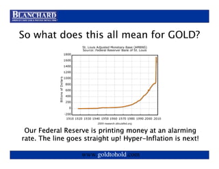 Visit www.goldtohold.com or call 866-406-9012


So what does this all mean for GOLD?




 Our Federal Reserve is printing money at an alarming
                                 Hyper-
rate. The line goes straight up! Hyper-Inflation is next!

                   www.goldtohold.com
 