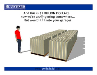 Visit www.goldtohold.com or call 866-406-9012

 And this is $1 BILLION DOLLARS
                          DOLLARS...
now we're really getting somewhere...
  But would it fit into your garage?




         www.goldtohold.com
 
