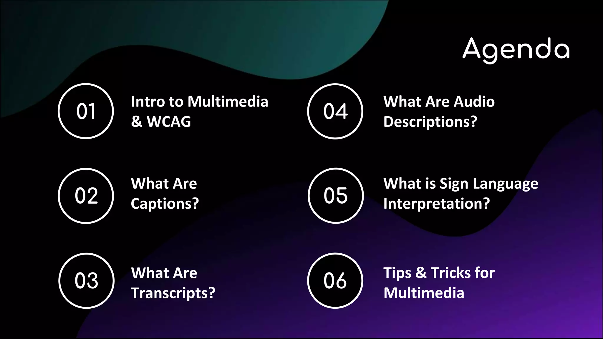 01
03
0502
04
Intro to Multimedia
& WCAG
What Are
Captions?
What is Sign Language
Interpretation?
What Are
Transcripts?
What Are Audio
Descriptions?
Agenda
06
Tips & Tricks for
Multimedia
 