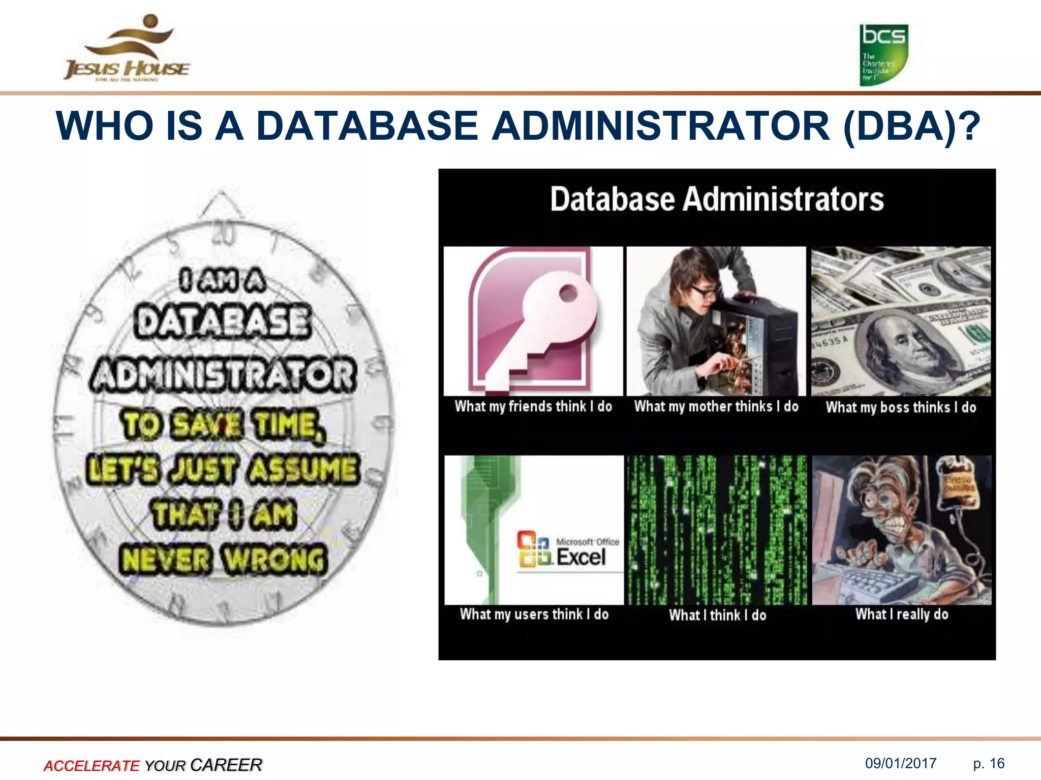 WHO IS A DATABASE ADMINISTRATOR (DBA)?
09/01/2017ACCELERATE YOUR CAREER p. 16
 