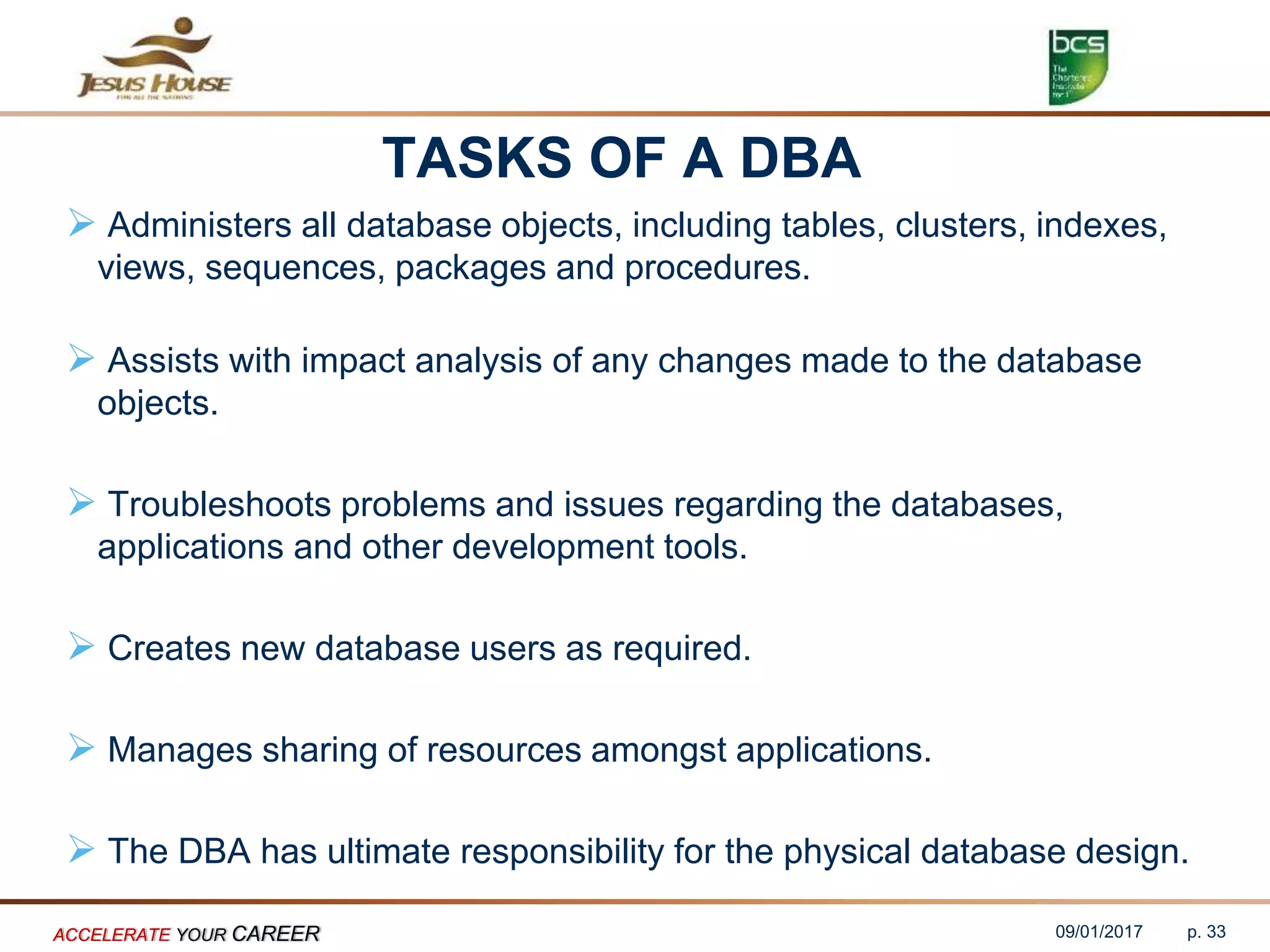 TASKS OF A DBA
 Administers all database objects, including tables, clusters, indexes,
views, sequences, packages and procedures.
 Assists with impact analysis of any changes made to the database
objects.
 Troubleshoots problems and issues regarding the databases,
applications and other development tools.
 Creates new database users as required.
 Manages sharing of resources amongst applications.
 The DBA has ultimate responsibility for the physical database design.
09/01/2017ACCELERATE YOUR CAREER p. 33
 