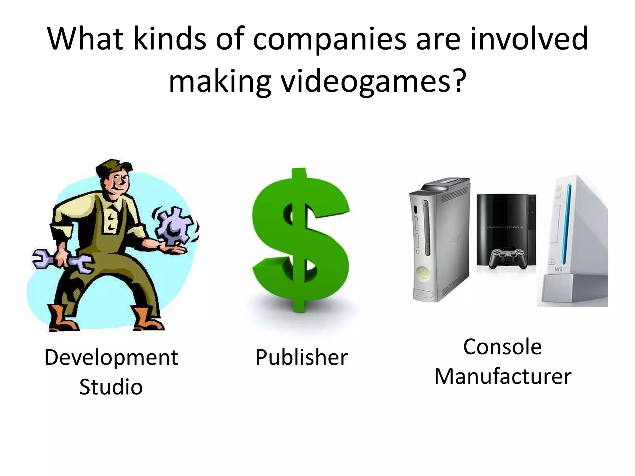 What kinds of companies are involved making videogames?Console ManufacturerDevelopment StudioPublisher