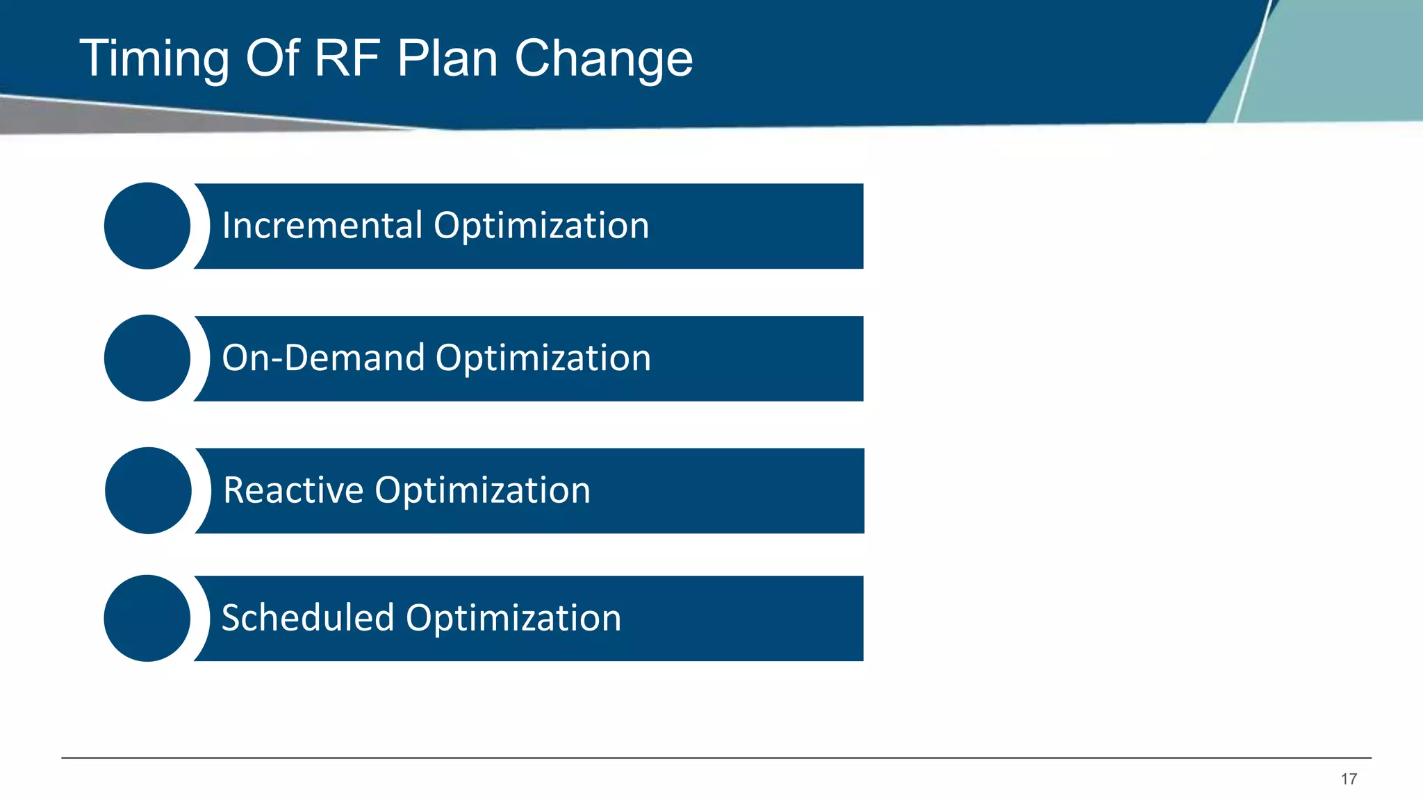 17
Timing Of RF Plan Change
Incremental Optimization
On-Demand Optimization
Reactive Optimization
Scheduled Optimization
 