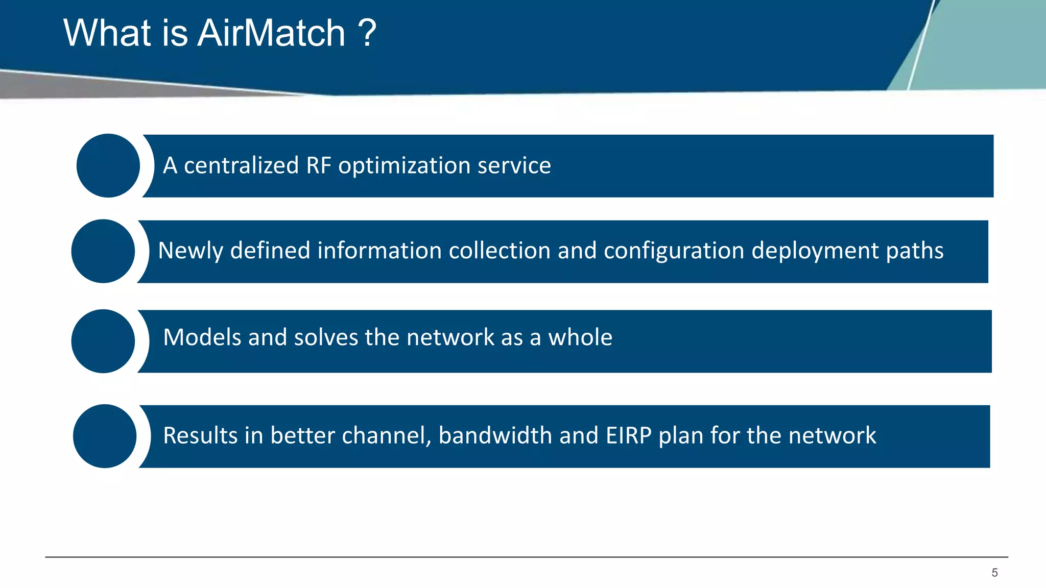 5
What is AirMatch ?
A centralized RF optimization service
Newly defined information collection and configuration deployment paths
Models and solves the network as a whole
Results in better channel, bandwidth and EIRP plan for the network
 