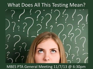 What Does All This Testing Mean?

MBES PTA General Meeting 11/7/13 @ 6:30pm

 