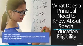 WhatDoesa
Principal
Needto
KnowAbout
Special
Education
Eligibility
PAGE 1
Ana Luz A. Fuentebella
ADVANCE EDUCATIONAL LEADERSHIP and MNGT IN SPED
PROF. Dr. AIDA DAMIAN
 