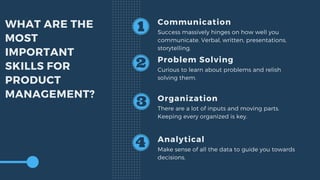 WHAT ARE THE
MOST
IMPORTANT
SKILLS FOR
PRODUCT
MANAGEMENT?
Communication
Success massively hinges on how well you
communicate. Verbal, written, presentations,
storytelling.
Problem Solving
Curious to learn about problems and relish
solving them.
Organization
There are a lot of inputs and moving parts.
Keeping every organized is key.
Analytical
Make sense of all the data to guide you towards
decisions.
 
