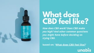 What does
CBD feel like?
How does CBD work? Does CBD make
you high? And other common questions
you might have before deciding on
trying CBD.
based on: 'What does CBD feel like?'
 