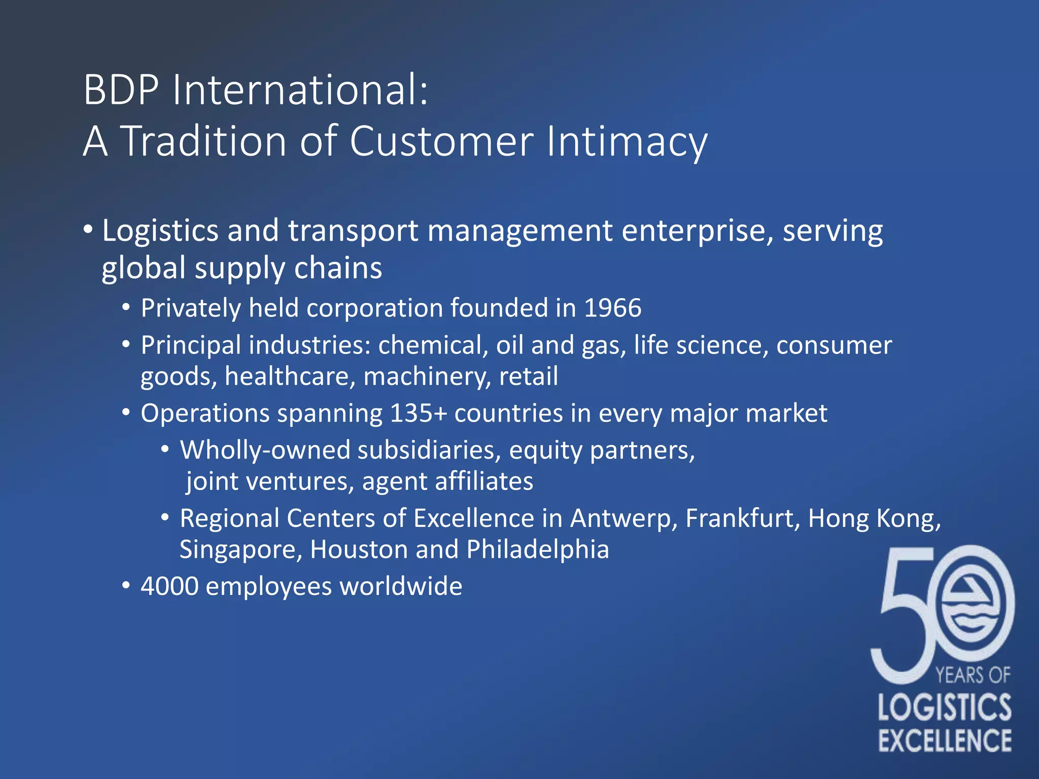BDP International:
A Tradition of Customer Intimacy
• Logistics and transport management enterprise, serving
global supply chains
• Privately held corporation founded in 1966
• Principal industries: chemical, oil and gas, life science, consumer
goods, healthcare, machinery, retail
• Operations spanning 135+ countries in every major market
• Wholly-owned subsidiaries, equity partners,
joint ventures, agent affiliates
• Regional Centers of Excellence in Antwerp, Frankfurt, Hong Kong,
Singapore, Houston and Philadelphia
• 4000 employees worldwide
 