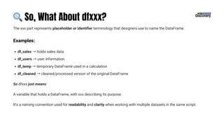 🔍So, What About dfxxx?
The xxx part represents placeholder or identifier terminology that designers use to name the DataFrame.
Examples:
df_sales →holds sales data
df_users →user information
df_temp →temporary DataFrame used in a calculation
df_cleaned →cleaned/processed version of the original DataFrame
So dfxxx just means:
A variable that holds a DataFrame, with xxx describing its purpose.
It’s a naming convention used for readability and clarity when working with multiple datasets in the same script.
 