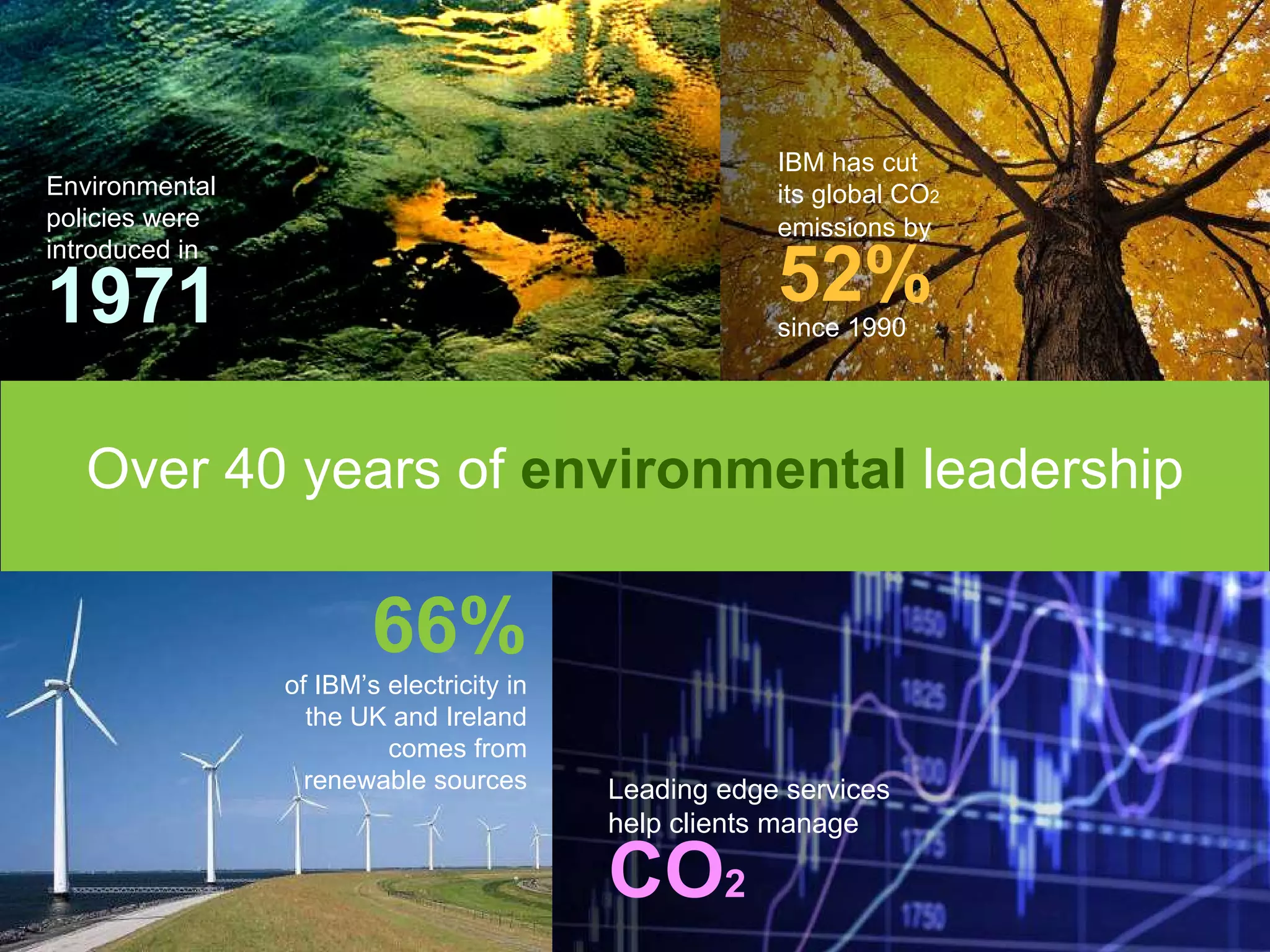 Environmental policies were introduced in 1971   66% of IBM’s electricity in the UK and Ireland comes from renewable sources Leading edge services help clients manage CO 2   Over 40 years of  environmental  leadership IBM has cut  its global CO 2  emissions by   52%   since 1990 