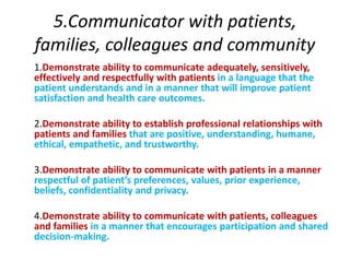 5.Communicator with patients,
families, colleagues and community
1.Demonstrate ability to communicate adequately, sensitively,
effectively and respectfully with patients in a language that the
patient understands and in a manner that will improve patient
satisfaction and health care outcomes.
2.Demonstrate ability to establish professional relationships with
patients and families that are positive, understanding, humane,
ethical, empathetic, and trustworthy.
3.Demonstrate ability to communicate with patients in a manner
respectful of patient’s preferences, values, prior experience,
beliefs, confidentiality and privacy.
4.Demonstrate ability to communicate with patients, colleagues
and families in a manner that encourages participation and shared
decision‐making.
 
