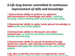 6.Life long learner committed to continuous
improvement of skills and knowledge
1.Demonstrate ability to perform an objective
self‐assessment of knowledge and skills, continue
learning, refine existing skills and acquire new skills.
2.Demonstrate ability to apply newly gained knowledge or
skills to the care of the patient.
3.Demonstrate ability to introspect and utilize
experiences, to enhance personal and professional
growth and learning.
4.Demonstrate ability to search (including through
electronic means), and critically evaluate the medical
literature and apply the information in the care of the
patient.
5.Be able to identify and select an appropriate career
 
