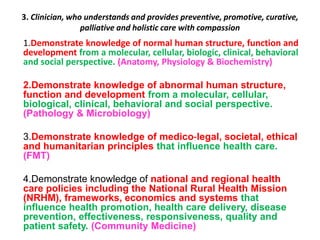 3. Clinician, who understands and provides preventive, promotive, curative,
palliative and holistic care with compassion
1.Demonstrate knowledge of normal human structure, function and
development from a molecular, cellular, biologic, clinical, behavioral
and social perspective. (Anatomy, Physiology & Biochemistry)
2.Demonstrate knowledge of abnormal human structure,
function and development from a molecular, cellular,
biological, clinical, behavioral and social perspective.
(Pathology & Microbiology)
3.Demonstrate knowledge of medico‐legal, societal, ethical
and humanitarian principles that influence health care.
(FMT)
4.Demonstrate knowledge of national and regional health
care policies including the National Rural Health Mission
(NRHM), frameworks, economics and systems that
influence health promotion, health care delivery, disease
prevention, effectiveness, responsiveness, quality and
patient safety. (Community Medicine)
 