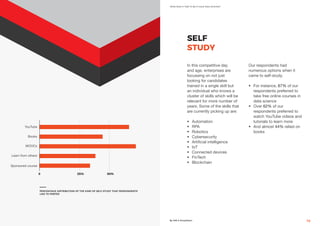 What Does It Take To Be A Good Data Scientist?
By AIM & Simplilearn 19
0
Sponsored course
25% 50%
Learn from others
MOOCs
Books
YouTube
PERCENTAGE DISTRIBUTION OF THE KIND OF SELF-STUDY THAT RESPONDENTS
LIKE TO PREFER
SELF
STUDY
In this competitive day
and age, enterprises are
focussing on not just
looking for candidates
trained in a single skill but
an individual who knows a
cluster of skills which will be
relevant for more number of
years. Some of the skills that
are currently picking up are:
•	 Automation
•	 RPA
•	 Robotics
•	 Cybersecurity
•	 Artificial intelligence
•	 IoT
•	 Connected devices
•	 FinTech
•	 Blockchain
Our respondents had
numerous options when it
came to self-study.
•	 For instance, 67% of our
respondents preferred to
take free online courses in
data science
•	 Over 62% of our
respondents preferred to
watch YouTube videos and
tutorials to learn more
•	 And almost 44% relied on
books
 