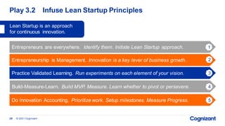 Play 3.2 Infuse Lean Startup Principles
© 2021 Cognizant
29
Lean Startup is an approach
for continuous innovation.
Entrepreneurs are everywhere. Identify them. Initiate Lean Startup approach.
Entrepreneurship is Management. Innovation is a key lever of business growth.
Practice Validated Learning. Run experiments on each element of your vision.
Build-Measure-Learn. Build MVP. Measure. Learn whether to pivot or persevere.
Do Innovation Accounting. Prioritize work. Setup milestones. Measure Progress.
1
2
3
4
5
 