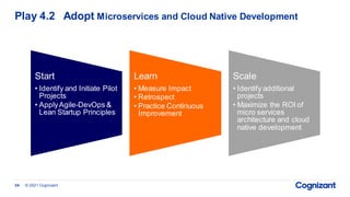 Play 4.2 Adopt Microservices and Cloud Native Development
Start
• Identify and Initiate Pilot
Projects
• ApplyAgile-DevOps &
Lean Startup Principles
Learn
• Measure Impact
• Retrospect
• Practice Continuous
Improvement
Scale
• Identify additional
projects
• Maximize the ROI of
micro services
architecture and cloud
native development
© 2021 Cognizant
34
 