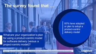 The survey found that …
What are your organization’s plan
for using a product-centric model
for software delivery (versus a
project-centric model)?
85% have adopted
or plan to adopt a
product-centric
delivery model
Source: https://www.gartner.com/en/newsroom/press-releases/2019-02-19-gartner-survey-finds-85-percent-of-organizations-favor-a-product
 
