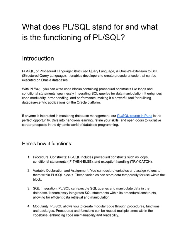 What does PL_SQL stand for and what is the functioning of PL_SQL.docx