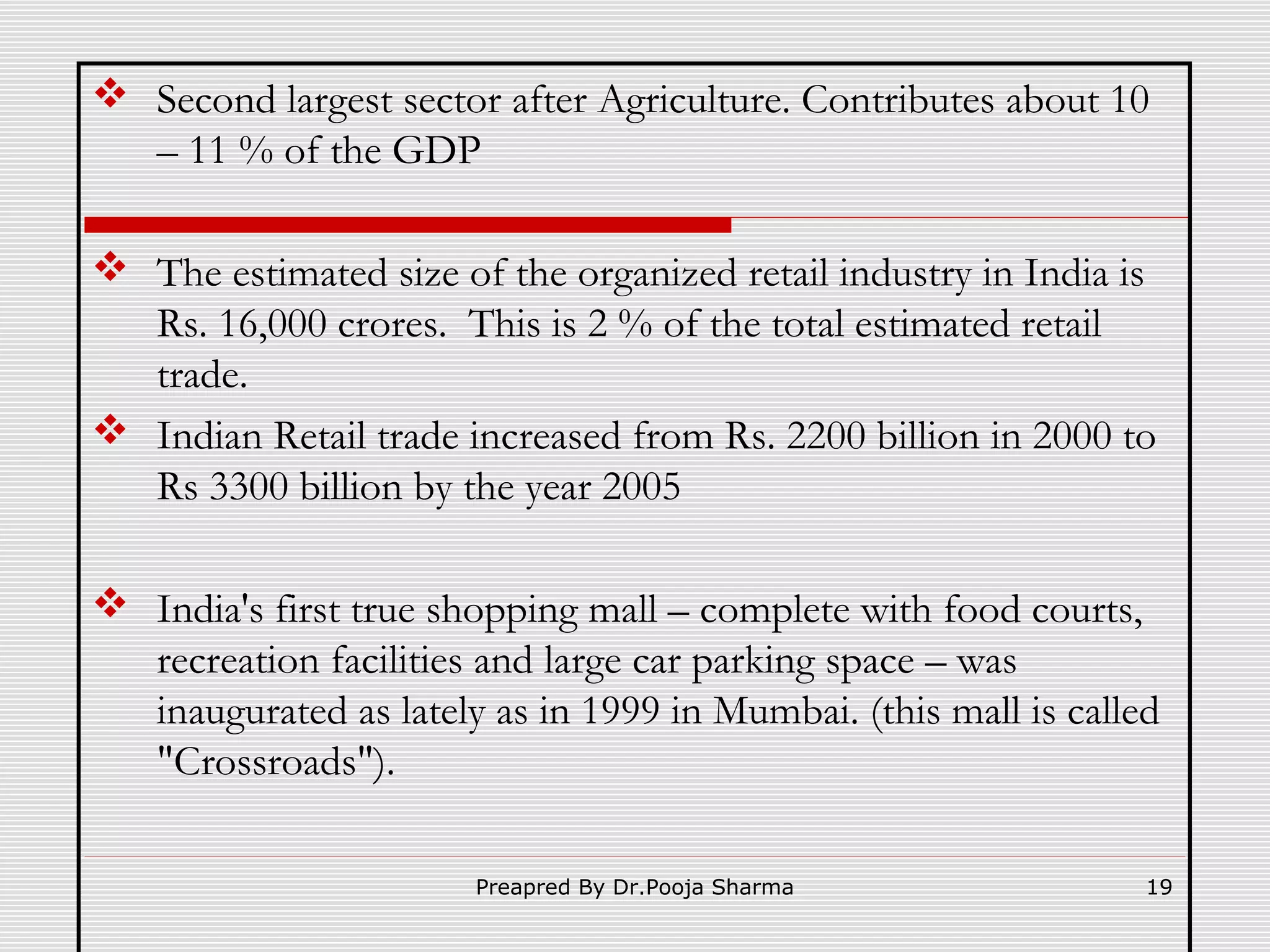  Second largest sector after Agriculture. Contributes about 10
– 11 % of the GDP
 The estimated size of the organized retail industry in India is
Rs. 16,000 crores. This is 2 % of the total estimated retail
trade.
 Indian Retail trade increased from Rs. 2200 billion in 2000 to
Rs 3300 billion by the year 2005
 India's first true shopping mall – complete with food courts,
recreation facilities and large car parking space – was
inaugurated as lately as in 1999 in Mumbai. (this mall is called
"Crossroads").
Preapred By Dr.Pooja Sharma

19

 