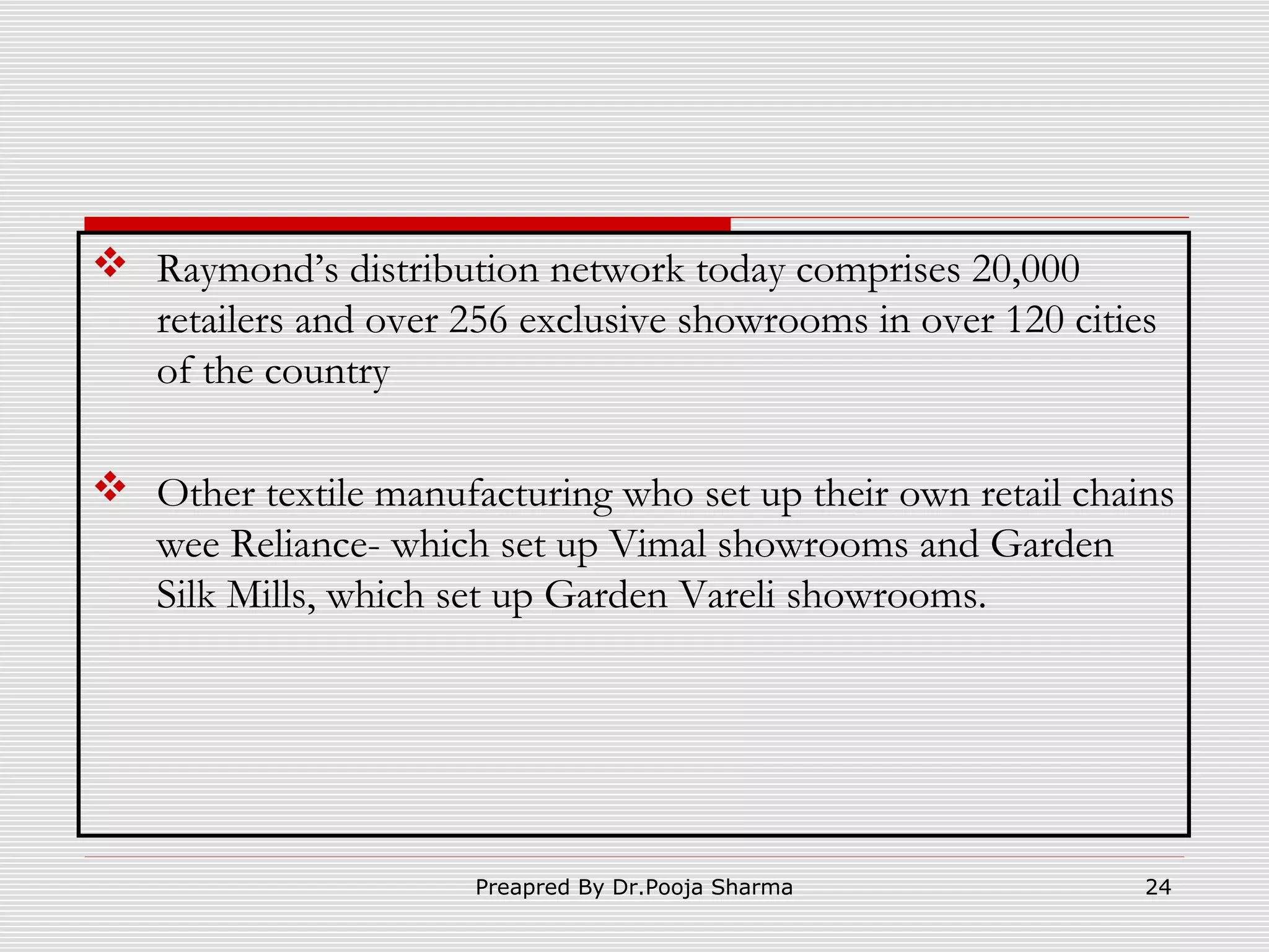 Raymond’s distribution network today comprises 20,000
retailers and over 256 exclusive showrooms in over 120 cities
of the country
 Other textile manufacturing who set up their own retail chains
wee Reliance- which set up Vimal showrooms and Garden
Silk Mills, which set up Garden Vareli showrooms.

Preapred By Dr.Pooja Sharma

24

 
