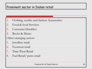 Prominent sector in Indian retail

1. Clothing, textiles and fashion Accessories:
2. Food & food Services:
3. Consumer Durables:
4. Books & Music:
Other emerging sectors
5. Jewellery retail
6. Footwear retail
7. Time Wear Retail
8. Fuel Retail/ petro retail
Preapred By Dr.Pooja Sharma

28

 