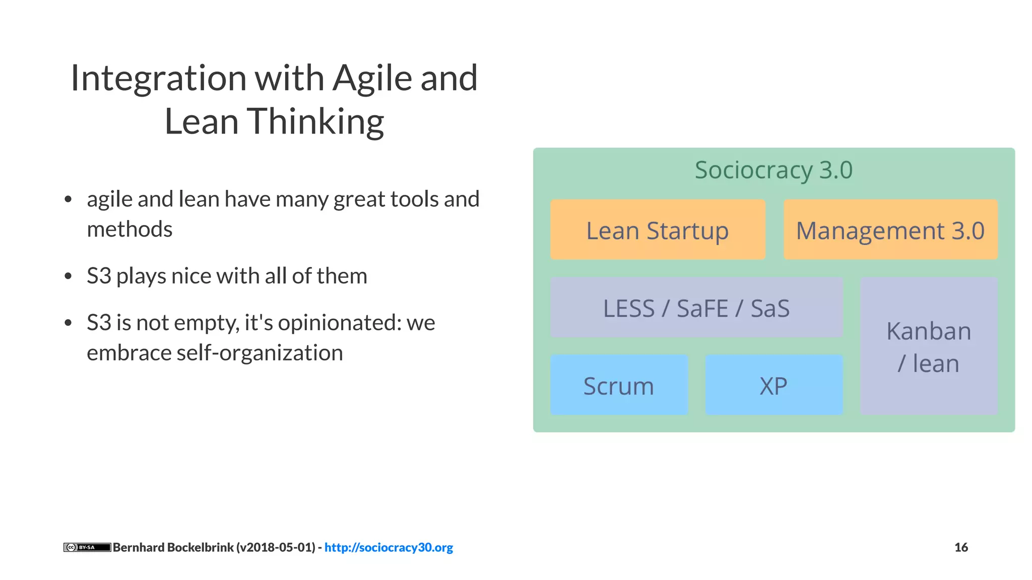 Integration with Agile and
Lean Thinking
• agile and lean have many great tools and
methods
• S3 plays nice with all of them
• S3 is not empty, it's opinionated: we
embrace self-organization
Bernhard Bockelbrink (v2018-05-01) - http://sociocracy30.org 16
 