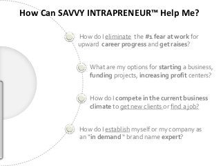 How Can SAVVY INTRAPRENEUR™ Help Me?

           How do I eliminate the #1 fear at work for
           upward career progress and get raises?


               What are my options for starting a business,
               funding projects, increasing profit centers?


               How do I compete in the current business
               climate to get new clients or find a job?


           How do I establish myself or my company as
           an “in demand “ brand name expert?
 