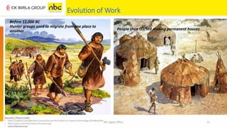 NEI Digital Office 12
Evolution of Work
Before 12,000 BC
Hunter groups used to migrate from one place to
another
Source(s) / Picture Credit:
• https://medium.com/@pritesh.suvarna/are-we-the-masters-or-slaves-of-technology-62fc68cda55b
• https://prezi.com/rki3d-atvocz/kunstvortrag/
• www.slideshare.net
People then started making permanent houses
 