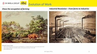 NEI Digital Office 13
Evolution of Work
Chose the occupation of farming Industrial Revolution – From farms to Industries
Source(s) / Picture Credit:
• https://theimaginativeconservative.org/2018/07/m-e-bradford-agrarian-aquinas-clyde-wilson.html
• https://www.slideshare.net/Adib_Hassan_2/industrial-revolution-1760-1990
• www.slideshare.net
 
