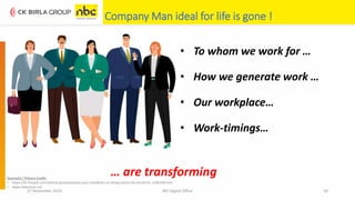 27 November 2019 NEI Digital Office 20
Company Man ideal for life is gone !
• To whom we work for …
• How we generate work …
• Our workplace…
• Work-timings…
… are transformingSource(s) / Picture Credit:
• https://br.freepik.com/vetores-gratis/pessoas-que-trabalham-no-design-plano-de-escritorio_5185508.htm
• www.slideshare.net
 