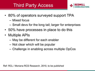 One APINice, but may be irrelevantOpportunity cost in delaying provision of APIs to (the right) developers One API is in its infancyDevelopers will use anything if it can generate a returnIt’s not the specific API per se, but the model...