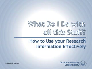 What Do I Do with all this Stuff? How to Use your Research Information Effectively Carteret Community College Library Elizabeth Baker 