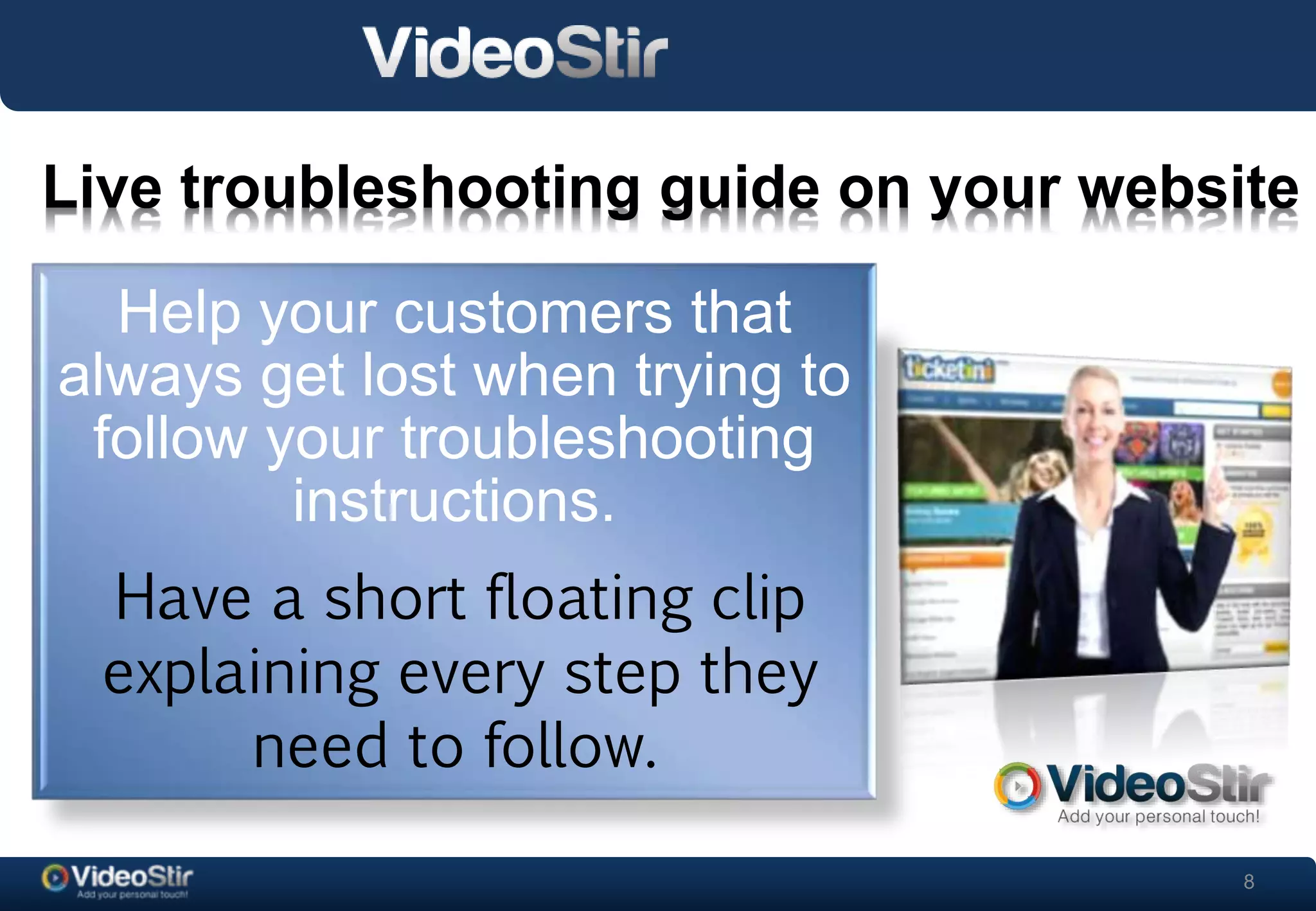 Live troubleshooting guide on your website 
8 
. 
Help your customers that 
always get lost when trying to 
follow your troubleshooting 
instructions. 
Have a short floating clip 
explaining every step they 
need to follow. 
 