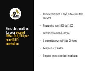 •  Jail time of at least 10 days, but no more than
one year
•  Fine ranging from $600 to $1,500
•  License revocation of one year
•  Community service of 48 to 120 hours
•  Two years of probation
•  Required ignition interlock installation
Possible penalties
for your second
DWAI, DUI, DUI per
se or DUID
conviction
2ND
 