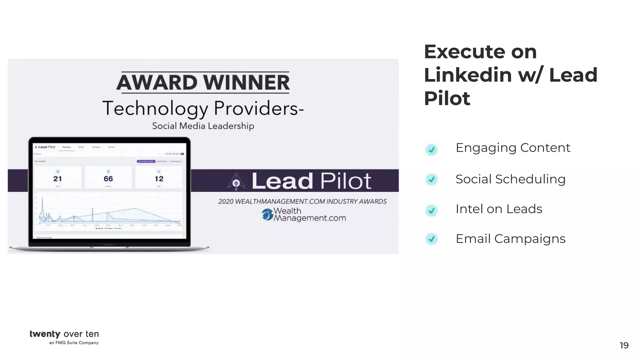 19
Execute on
Linkedin w/ Lead
Pilot
Engaging Content
Social Scheduling
Intel on Leads
Email Campaigns
 