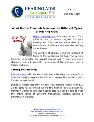 Call Us

                                                                 304-933-4329




What Do the Channels Mean on the Different Types
               of Hearing Aids?
                     Digital hearing aids can vary in cost from
                     $500 on up to around $5,000 for each
                     hearing aid. The cost correlates directly to
                     the number of different channels the hearing
                     aid will have.

                   The number of channels and the amount of
                   features that a hearing aid has tend to work
together to develop the overall hearing aid. If you have more
channels, you will generally have a lot of features and thus a
higher end price.

Testing Your Hearing

A hearing test will help determine how effectively you are able to
hear the varying frequencies that are commonly associated with
the way people speak.

During a typical test they will test your hearing range from 125
up to 8000 to determine where the hearing loss is occurring.
Normally, someone who has hearing loss will not be able to hear
the entire range of different frequencies without having a
difference in volume.




                      Website: www.NardelliAudiologist.com
                   Blog: www.Hearing-Aids-Bridgeport=WV.com
                             Website: (304) 933-4329
                 111 Steele Street Bridgeport, West Virginia 26330
 