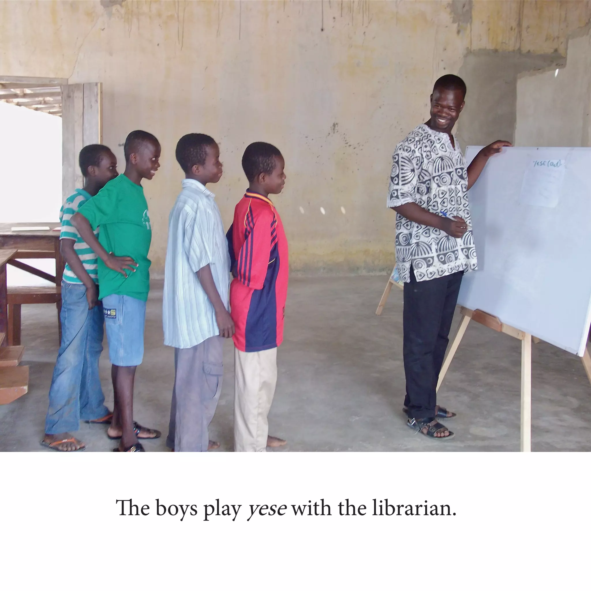 The boys play yese with the librarian.