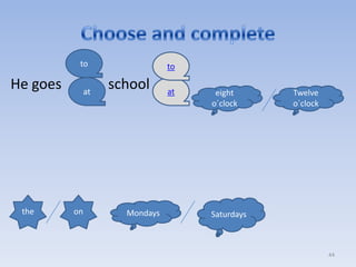 to                   to

He goes        at
                    school      at    eight      Twelve
                                     o´clock     o´clock




 the      on          Mondays        Saturdays



                                                           44
 