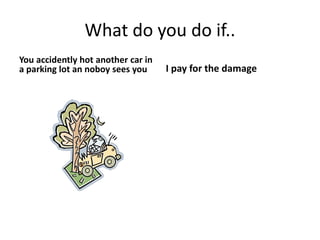 What do you do if..
You accidently hot another car in
a parking lot an noboy sees you I pay for the damage
 