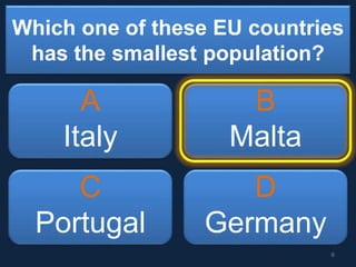 Which one of these EU countries
has the smallest population?
A
Italy
B
Malta
C
Portugal
D
Germany
6
 