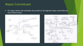 Mapas Conceituais
 Os mapas abaixo são exemplos do primeiro e do segundo mapa construído por
uma mesma aluna:
 