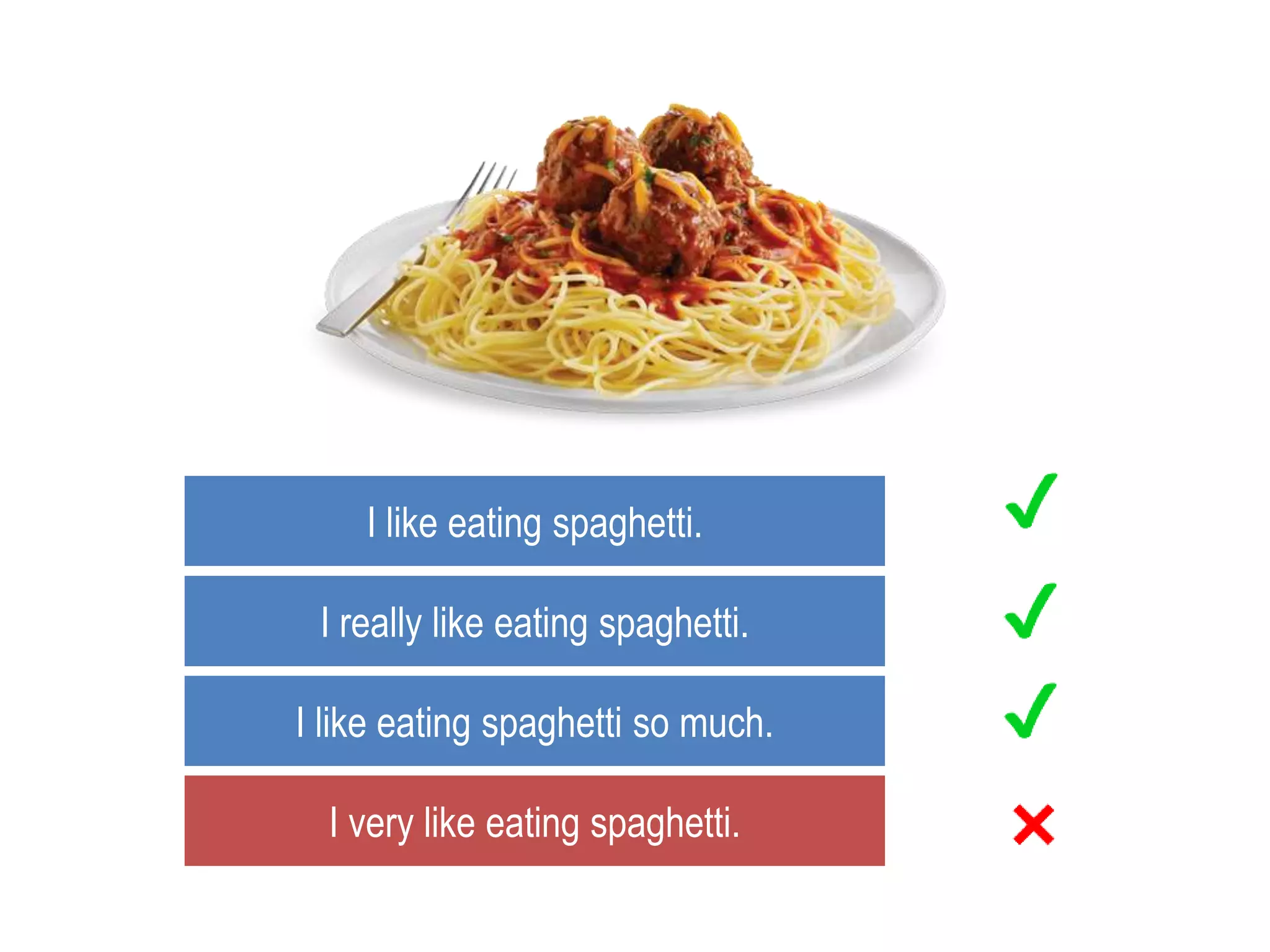 I like eating spaghetti.
I really like eating spaghetti.
I like eating spaghetti so much.
I very like eating spaghetti.
 