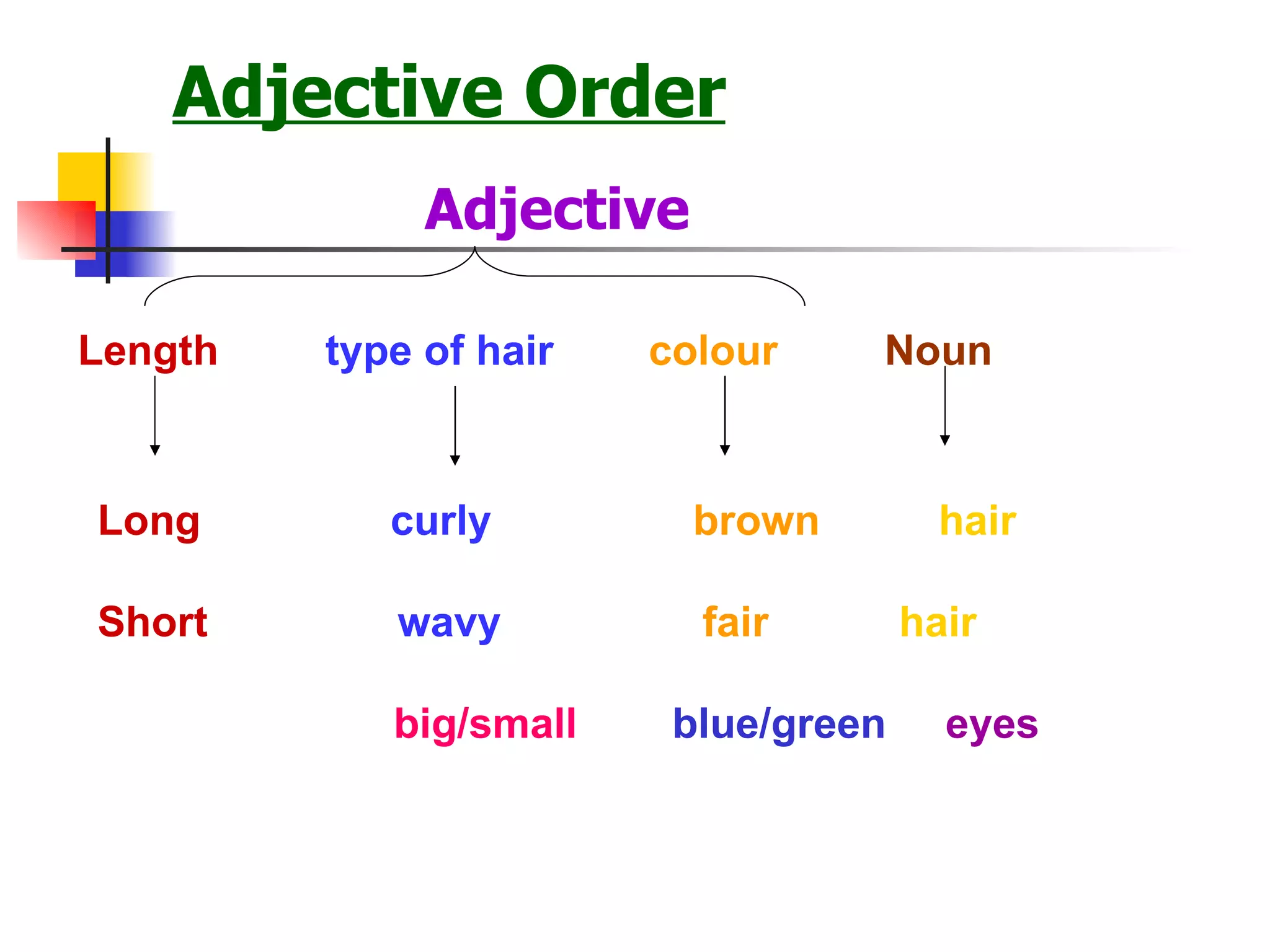 Adjective Order Adjective Length  type of hair   colour  Noun Long   curly  brown   hair Short  wavy   fair   hair big/small  blue/green   eyes 