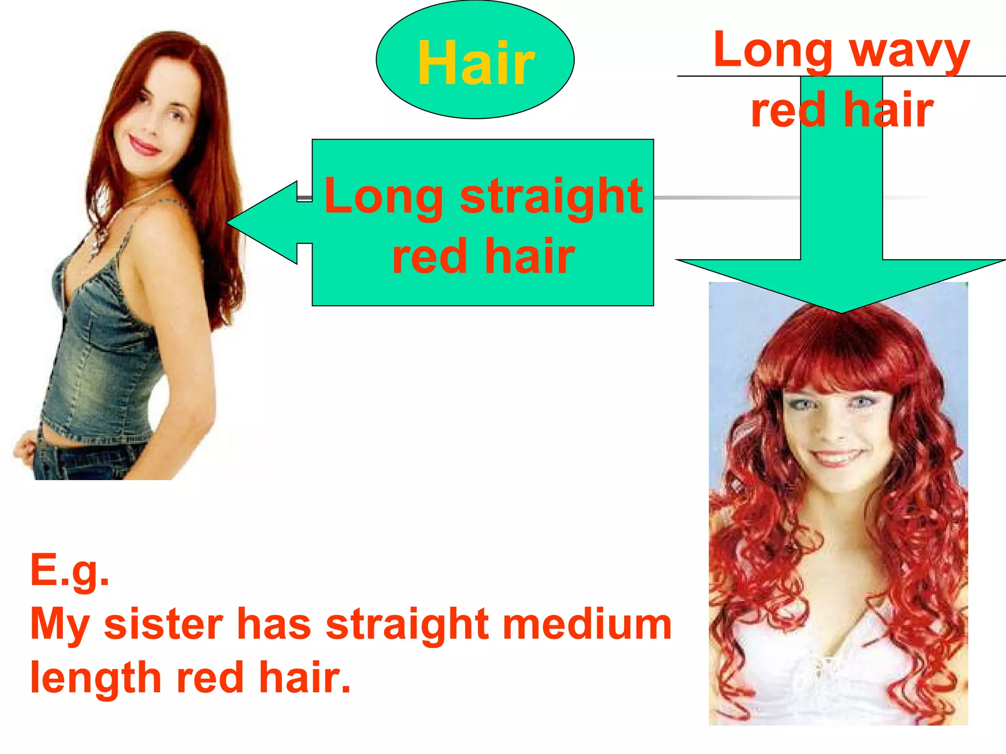 Hair Long straight red hair Long wavy red hair E.g. My sister has straight medium length red hair. 