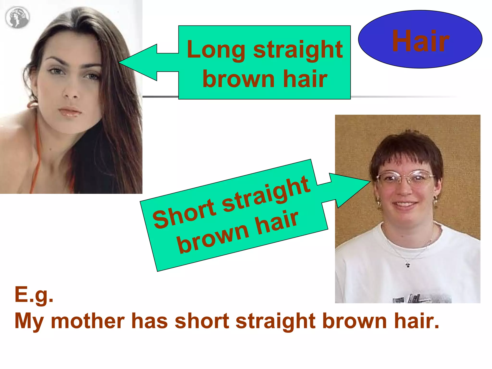 Hair Short straight brown hair Long straight brown hair E.g. My mother has short straight brown hair. 