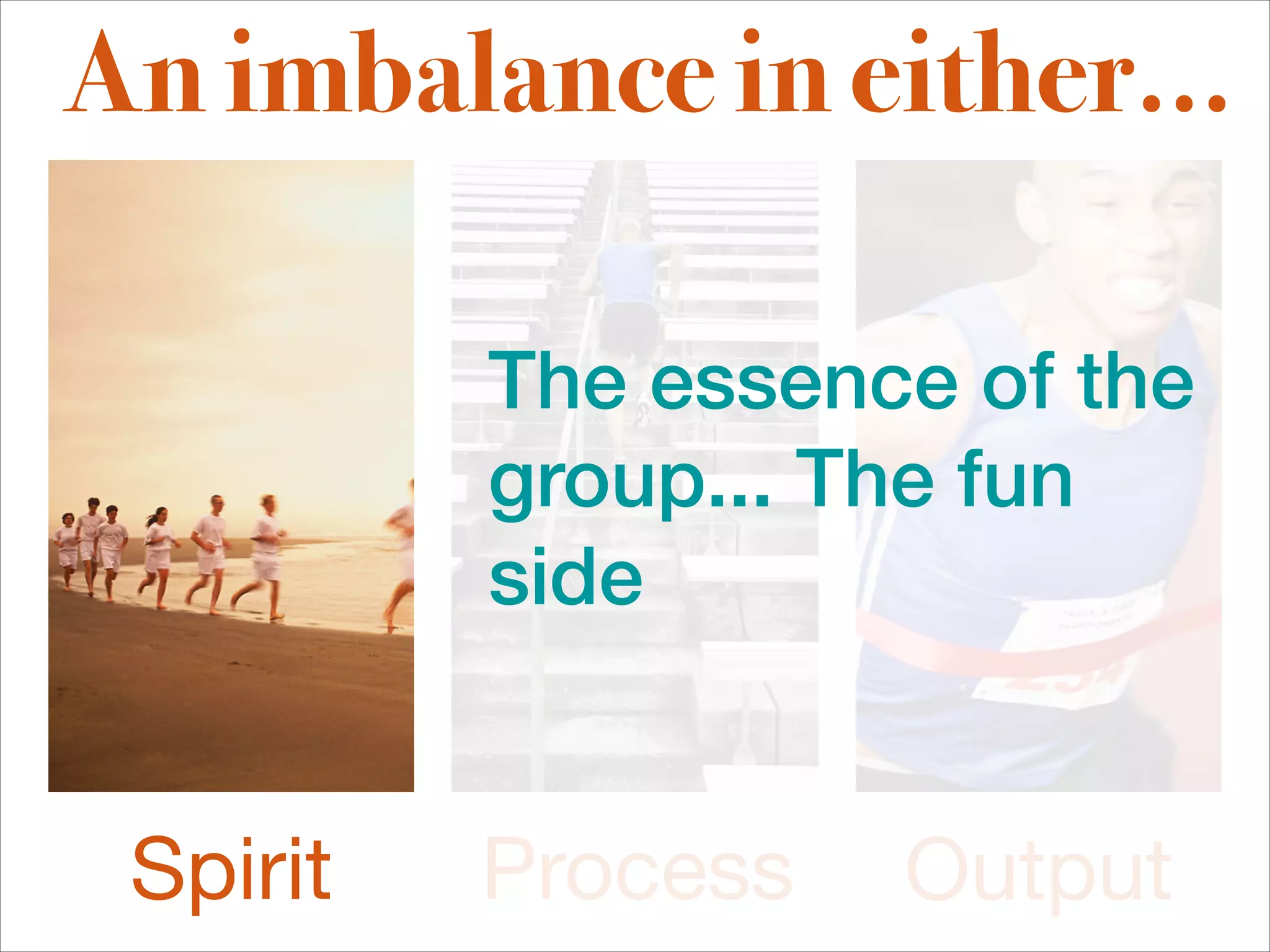 An imbalance in either...

          The essence of the
          group... The fun
          side


 Spirit   Process   Output
 