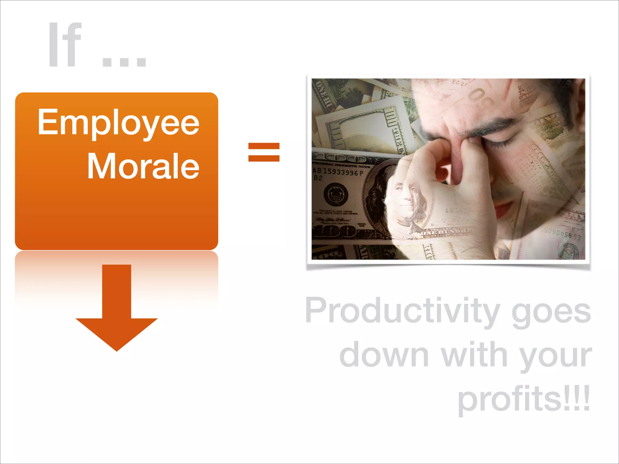 If ...
Employee
  Morale   =

               Productivity goes
                 down with your
                        proﬁts!!!
 