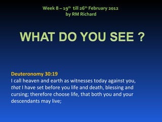 Week 8 – 19 th   till 26 th  February 2012  by RM Richard Deuteronomy 30:19 I call heaven and earth as witnesses today against you,  that  I have set before you life and death, blessing and cursing; therefore choose life, that both you and your descendants may live; 