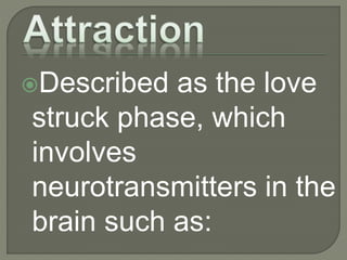 Described as the love
struck phase, which
involves
neurotransmitters in the
brain such as:
 